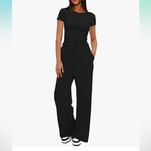 Darong 2 Piece Lounge Set Ruched Short Sleeve Top High Waisted Wide Leg Pants M